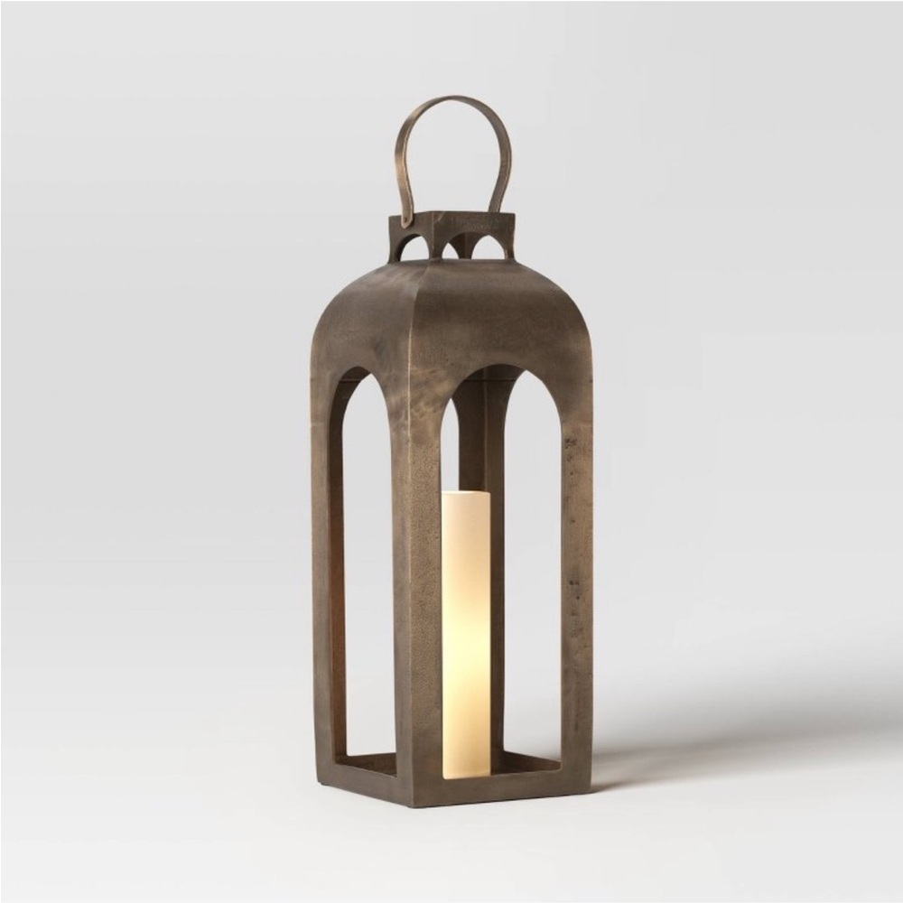 THRESHOLD NWT pillar cast aluminum lantern candle holder -gold -21.875x8”